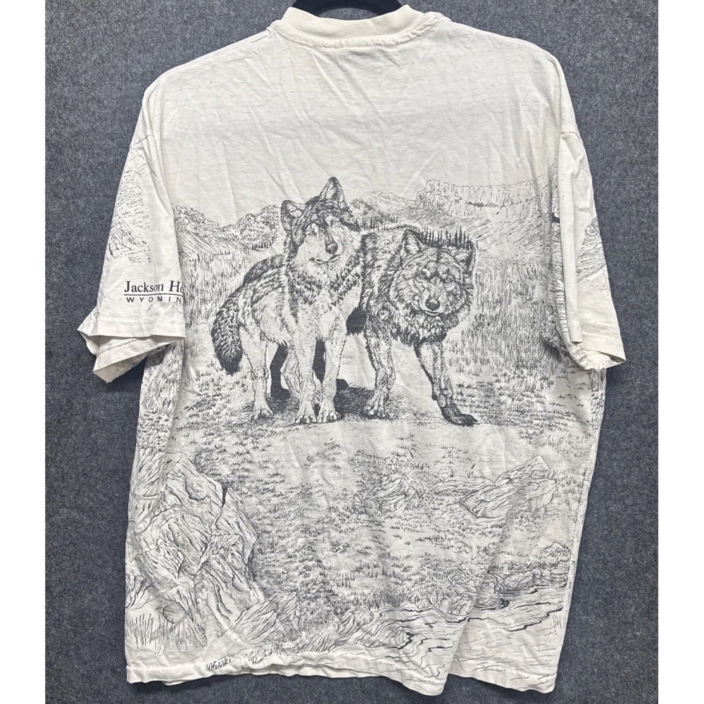 VTG 90s Local Color All Over White Tee Jackson Hole Wyoming Wolf T-Shirt XL - Picture 5 of 5